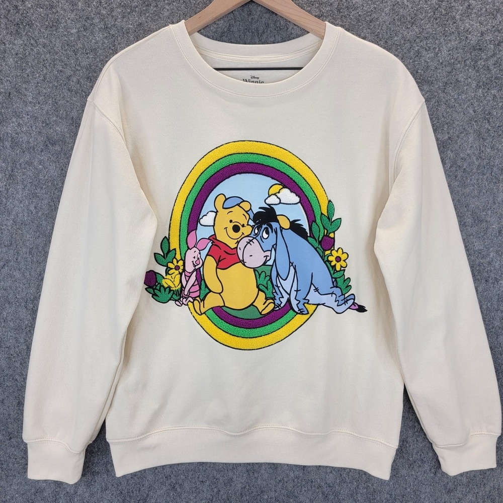 Vtg Disney Winnie the Pooh Sweatshirt Womens L Crewneck Chenille Fuzzy Patch 90s